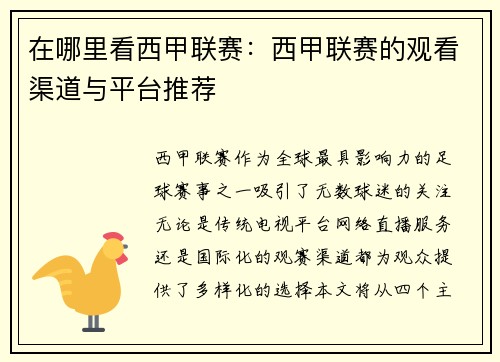 在哪里看西甲联赛：西甲联赛的观看渠道与平台推荐