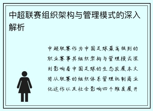 中超联赛组织架构与管理模式的深入解析